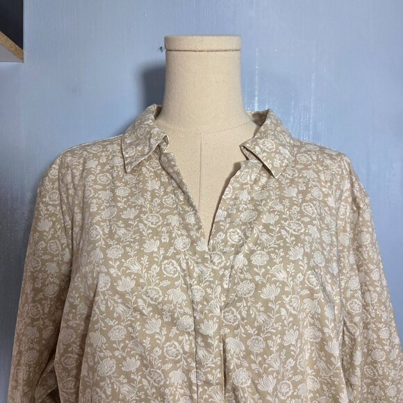 Croft & Barrow 3X Beige White Floral Semi Fitted Button Up Longsleeve Blouse - Picture 2 of 10
